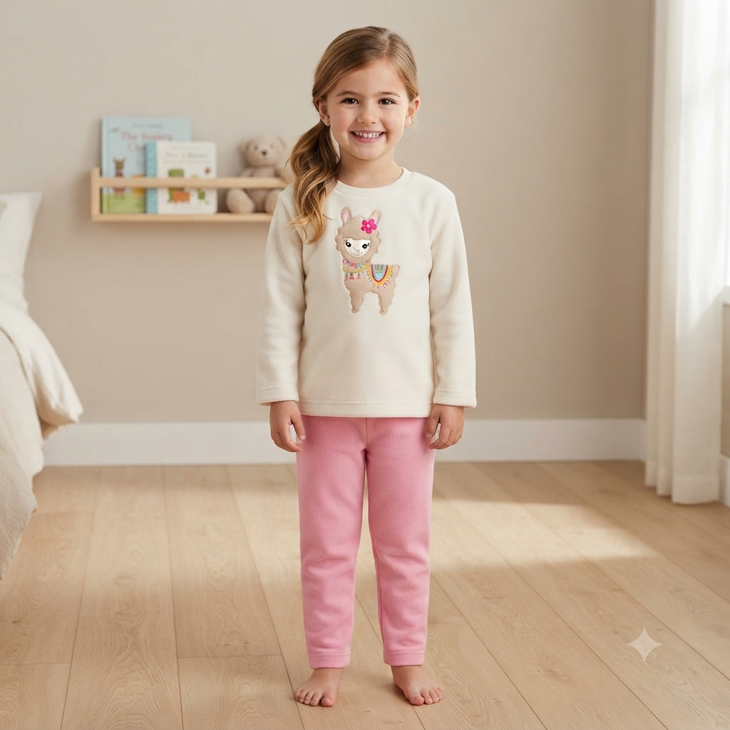 Llama White Fleece Night Suit